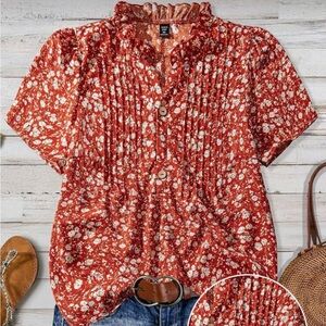 SHEIN Curve Floral Pleated & Ruffle Blouse - Red Ditsy Floral - 2XL - NEW